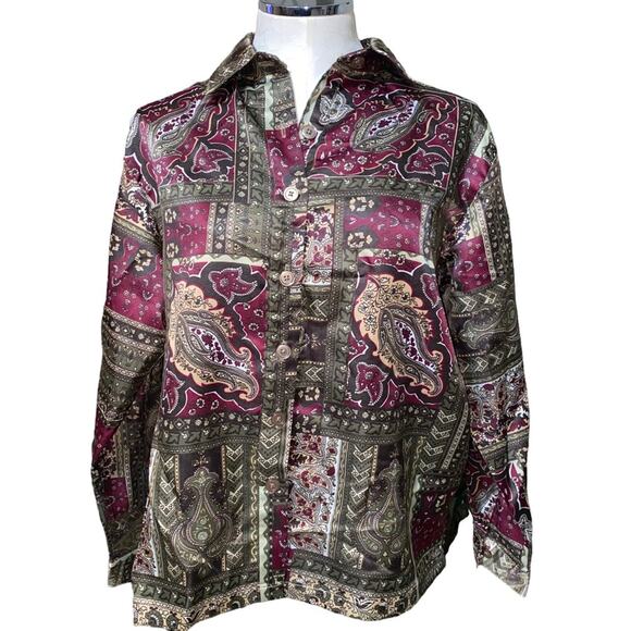 Vintage Paisley Print long sleeve button down shirt large army green burgundy - Picture 1 of 5
